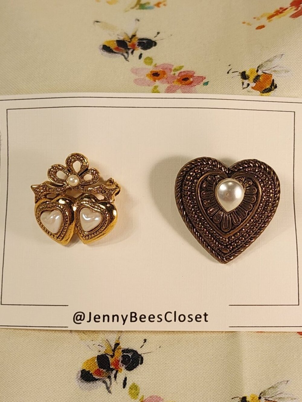 Vintage Women's Heart Gold-Tone and Faux Pearl Brooches